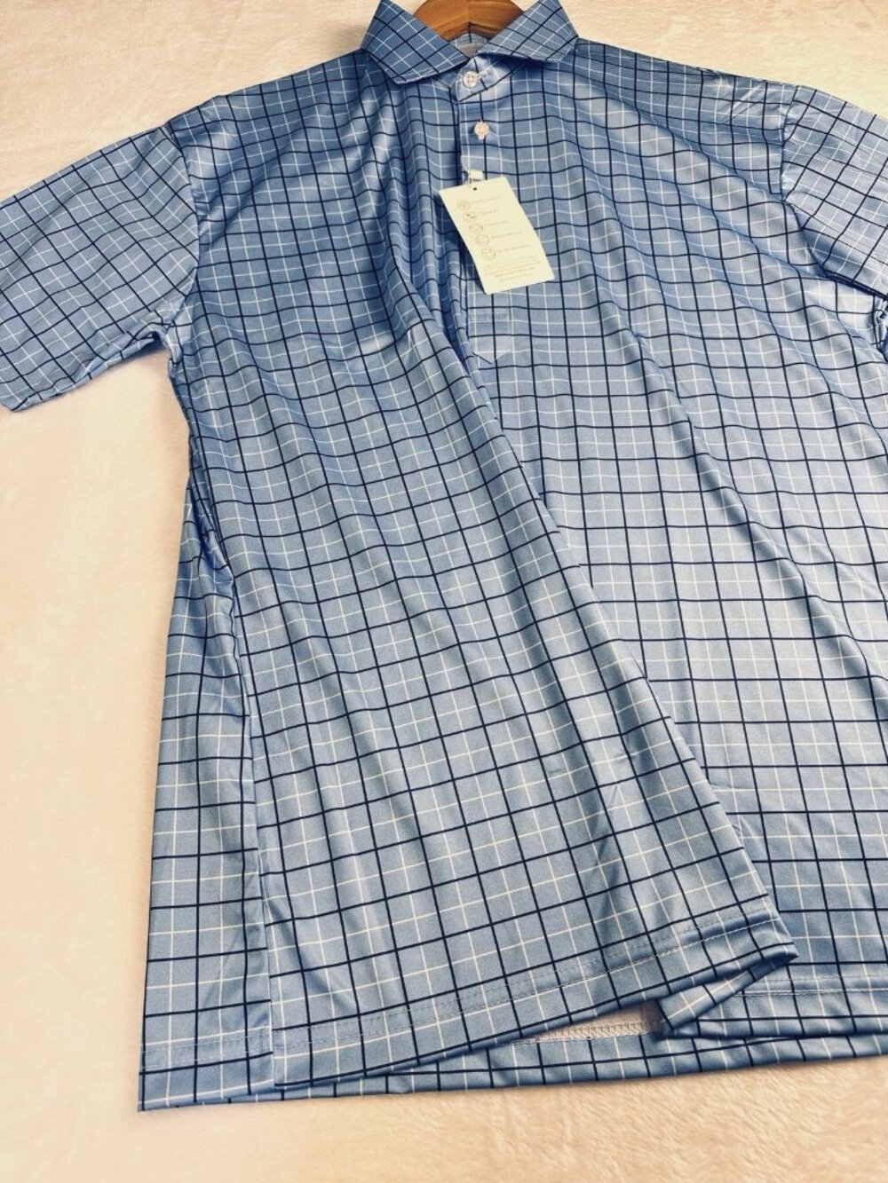 Collars & Co. Semi-Spread Collar Polo Shirt Blue Windowpane Sz Large Golf NWT - Picture 13 of 14